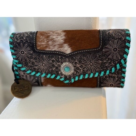 Myra Turquoise Hand tooled Leather Wallet Credit Card RFID Hairon Cow Stitching - Picture 1 of 11